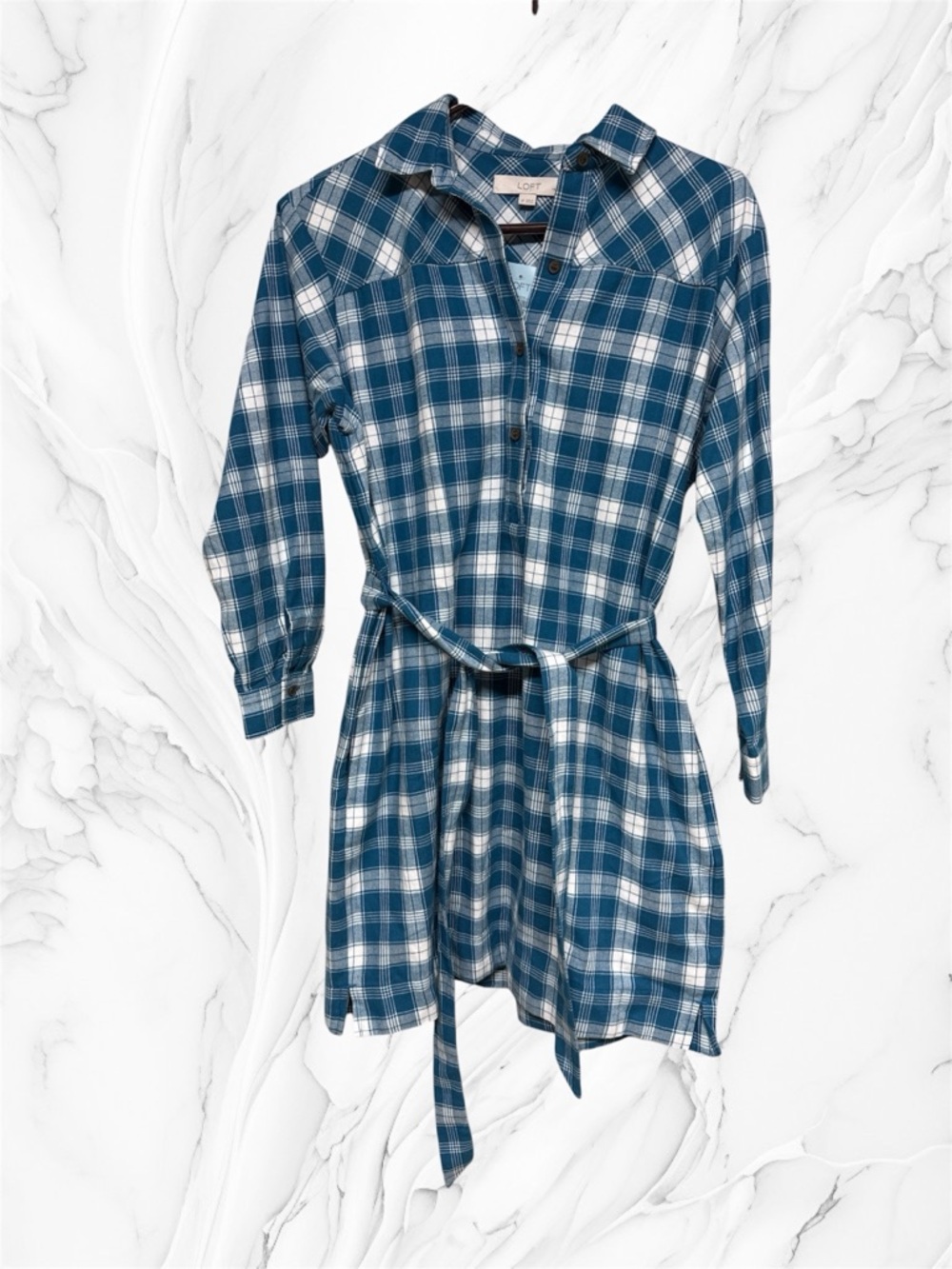 LOFT Teal and White Plaid Shirt flannel Dress with Waist Tie small petite NWT